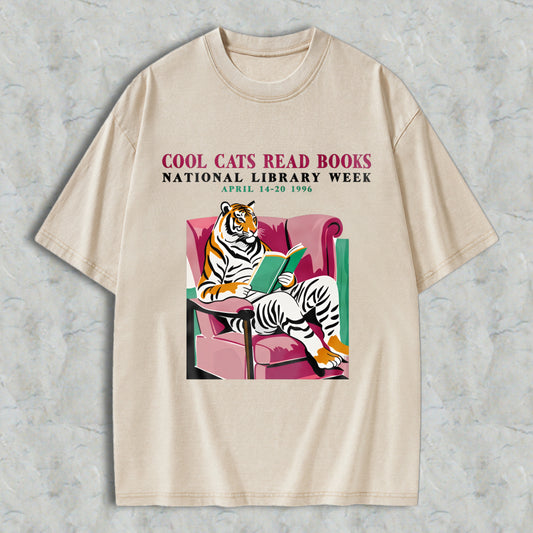 Wardrobecart Tiger Reading Book On Couch Cool Cats Read Books Unisex Washed T-shirt