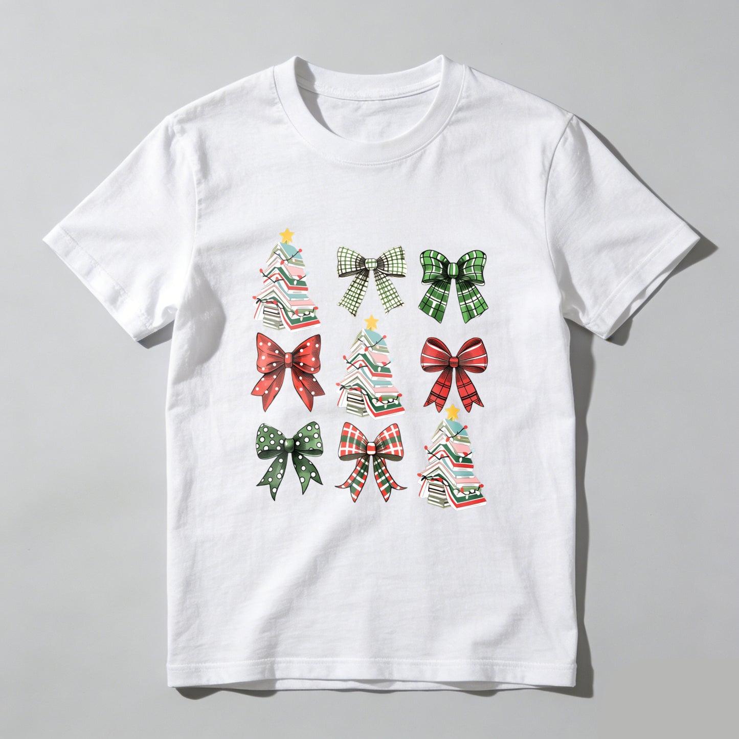 Wardrobecart Christmas Trees And Plaid Bows Pattern Unisex Classic T-shirt
