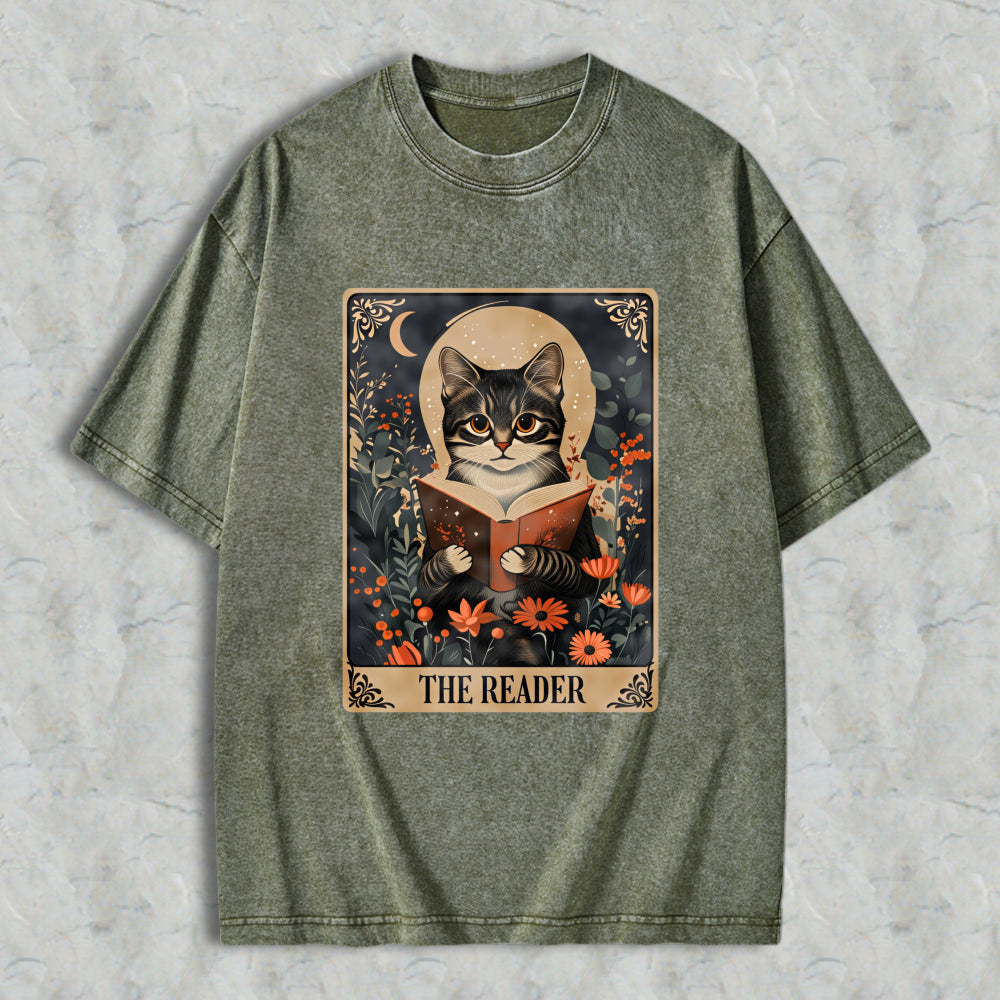 Wardrobecart Cat Reading Book With Flowers And Moon The Reader Unisex Washed T-shirt