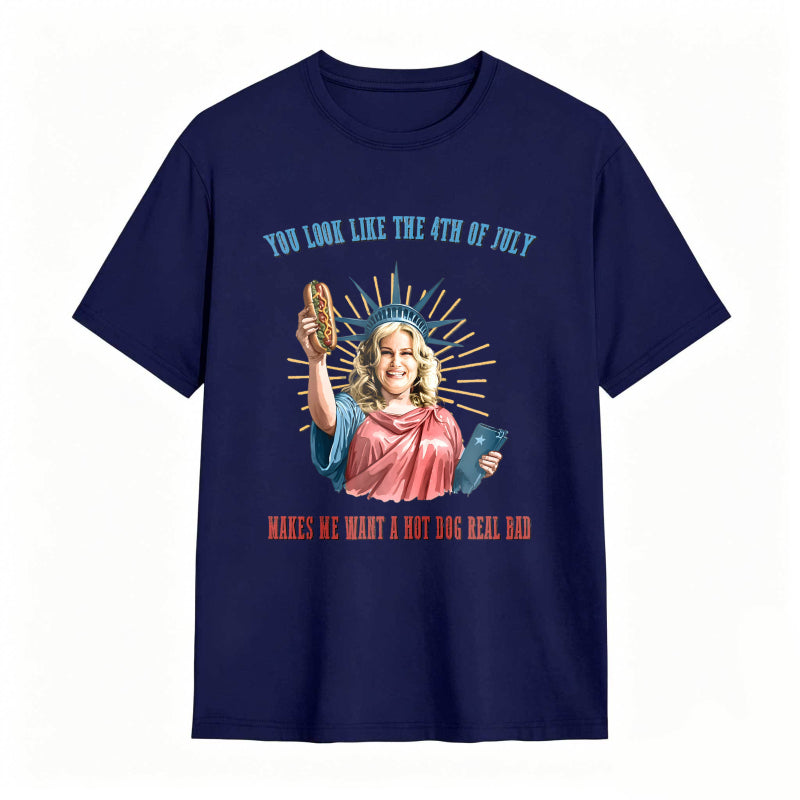 Statue Of Liberty Holding Hot Dog And Tablet With Fourth Of July Text T-shirt