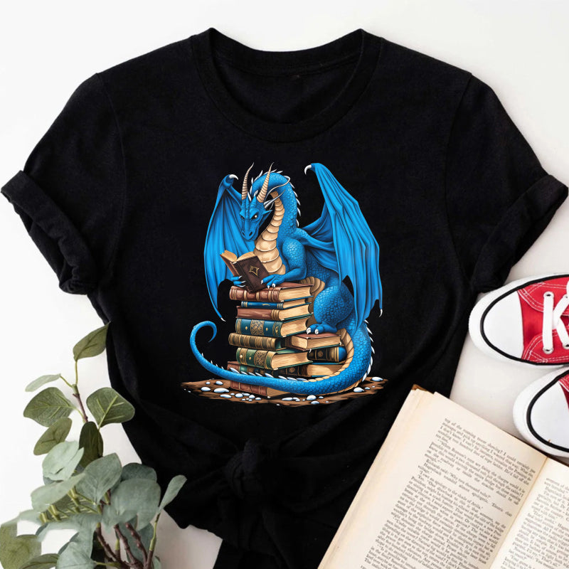 Wardrobecart Blue Dragon Reading Books Stack Unisex Classic T-shirt
