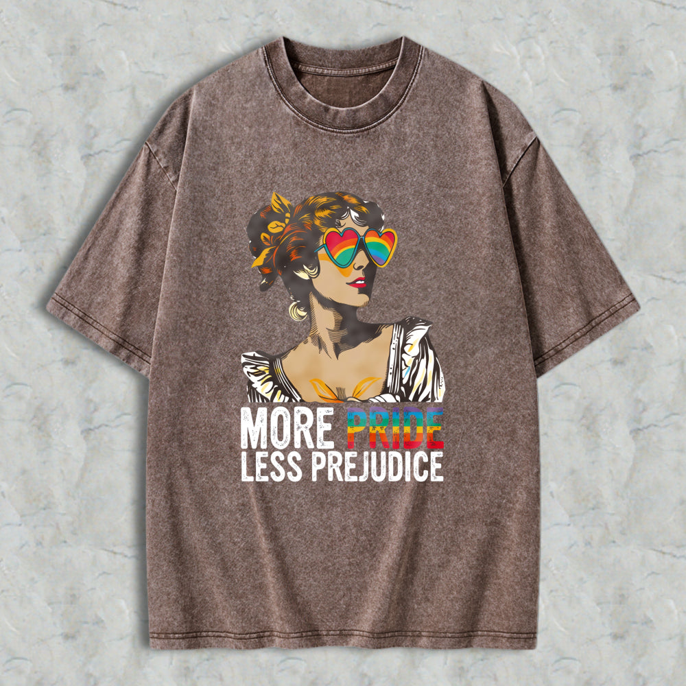 Wardrobecart Pride And Prejudice Parody With Rainbow Heart Sunglasses And Regency Style Woman More Pride Less Prejudice Unisex Washed T-shirt