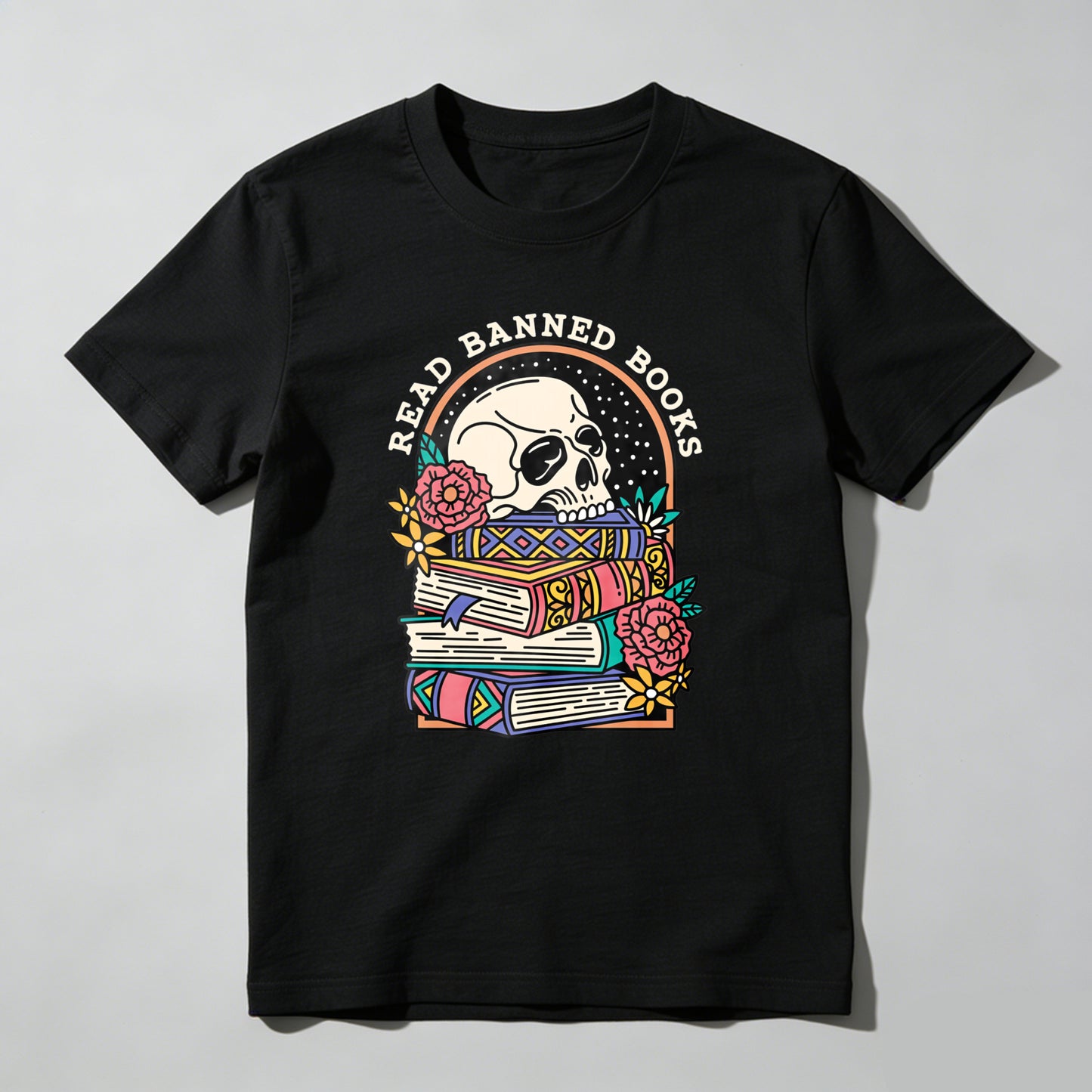 Wardrobecart Read Banned Books Skull Books Flowers Rainbow Unisex Classic T-shirt