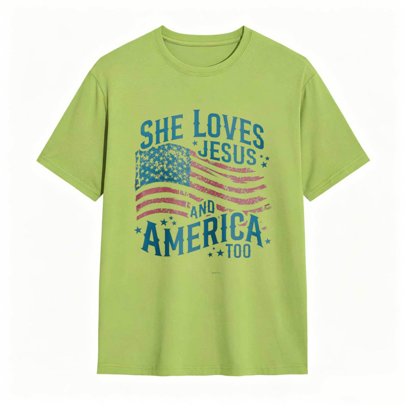She Loves Jesus And America Too Women's Patriotic T-shirt
