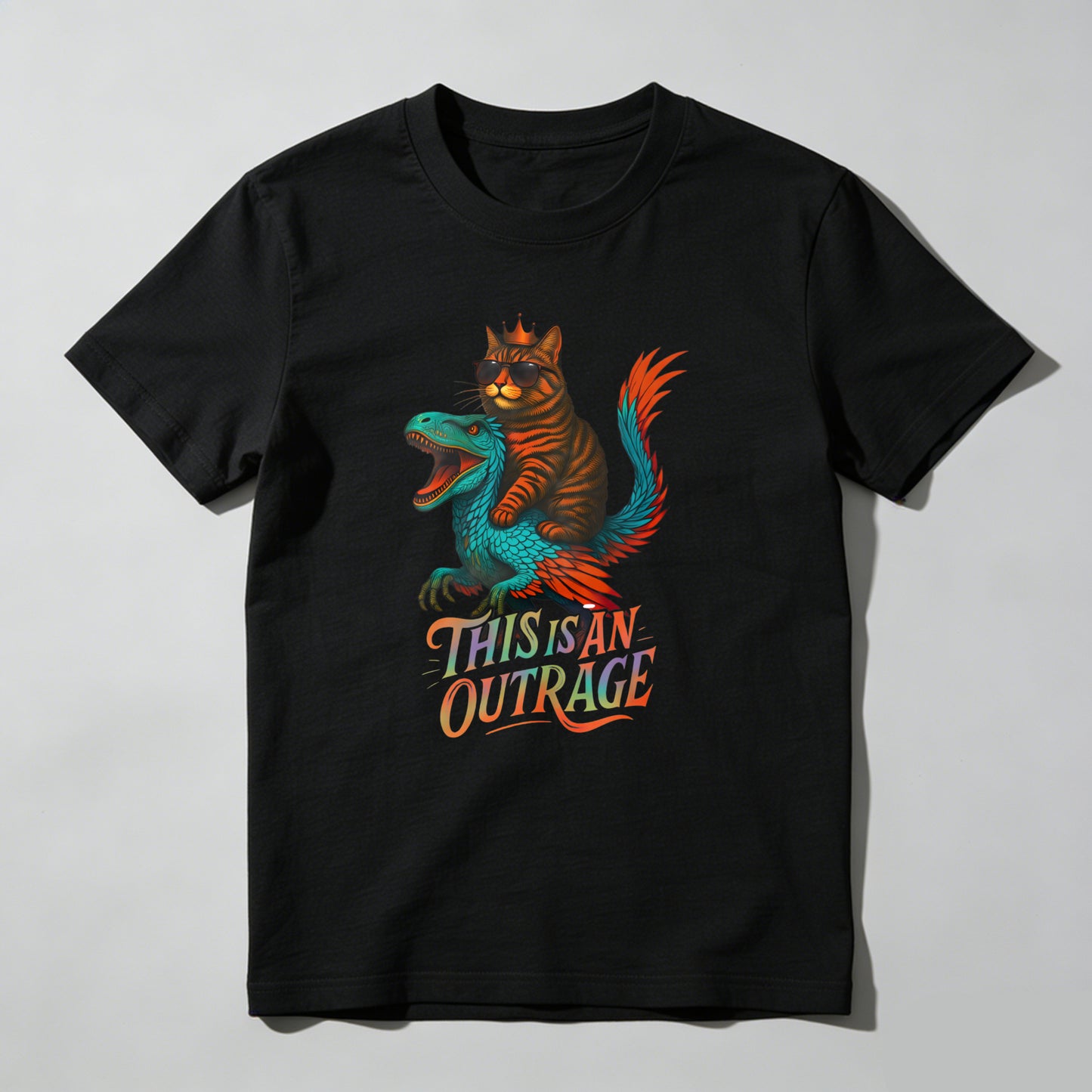Wardrobecart Cat Riding Dinosaur This Is An Outrage Unisex Classic T-shirt