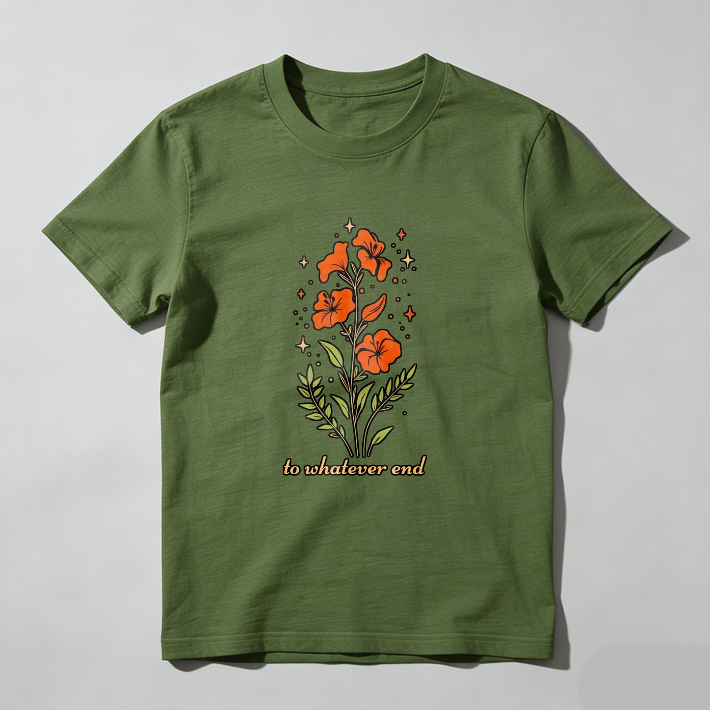Wardrobecart Orange Flowers With Green Leaves And Stars Unisex Classic T-shirt