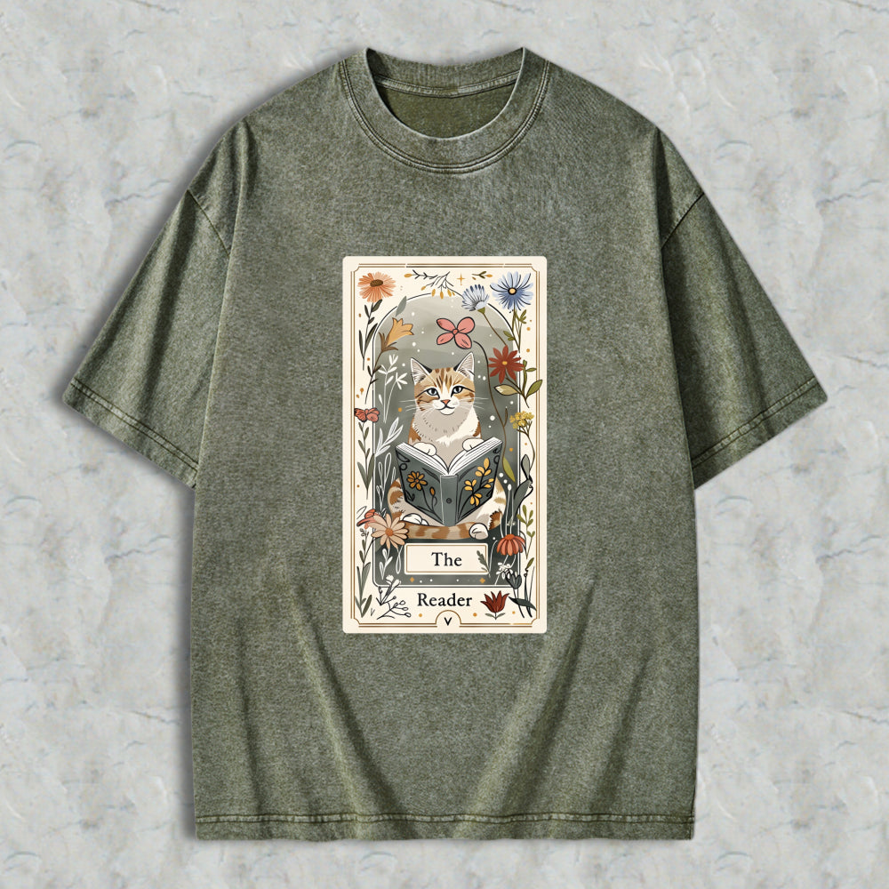 Wardrobecart Cat Reading Book Floral Tarot Card Design Unisex Washed T-shirt