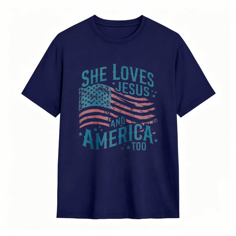 She Loves Jesus And America Too Women's Patriotic T-shirt