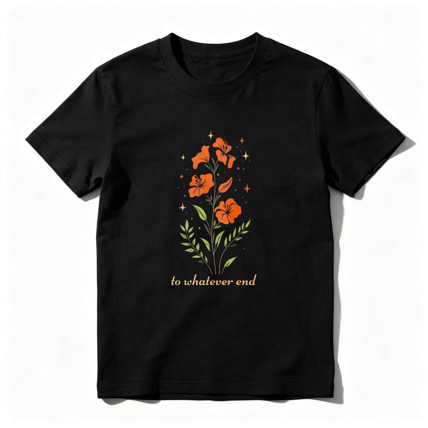 Wardrobecart Orange Flowers With Green Leaves And Stars Unisex Classic T-shirt
