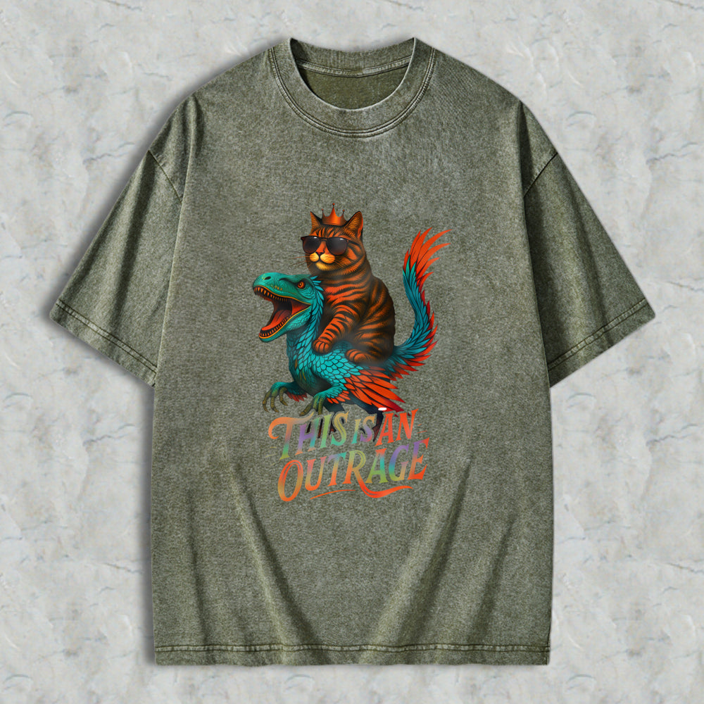 Wardrobecart Cat Riding Dragon This Is An Outrage Unisex Washed T-shirt