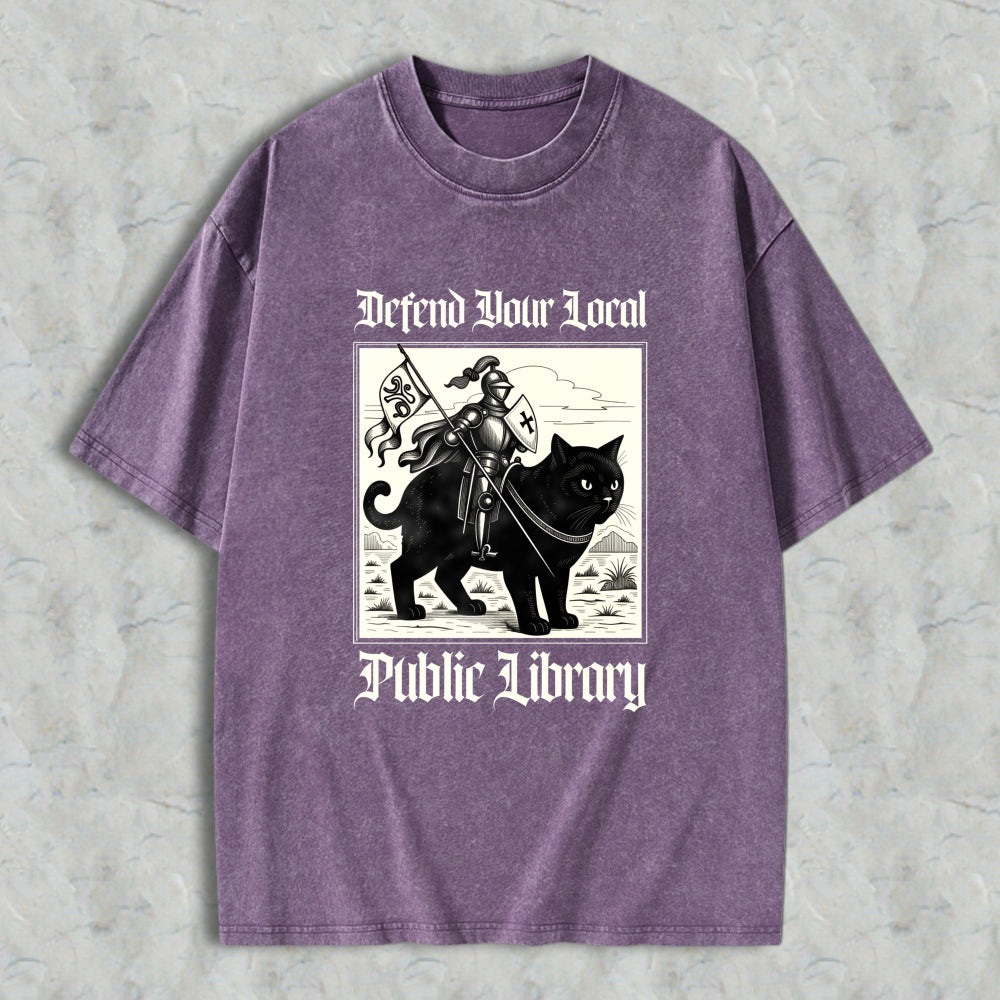 Wardrobecart Defend Your Local Public Library Cat Knight Unisex Washed T-shirt