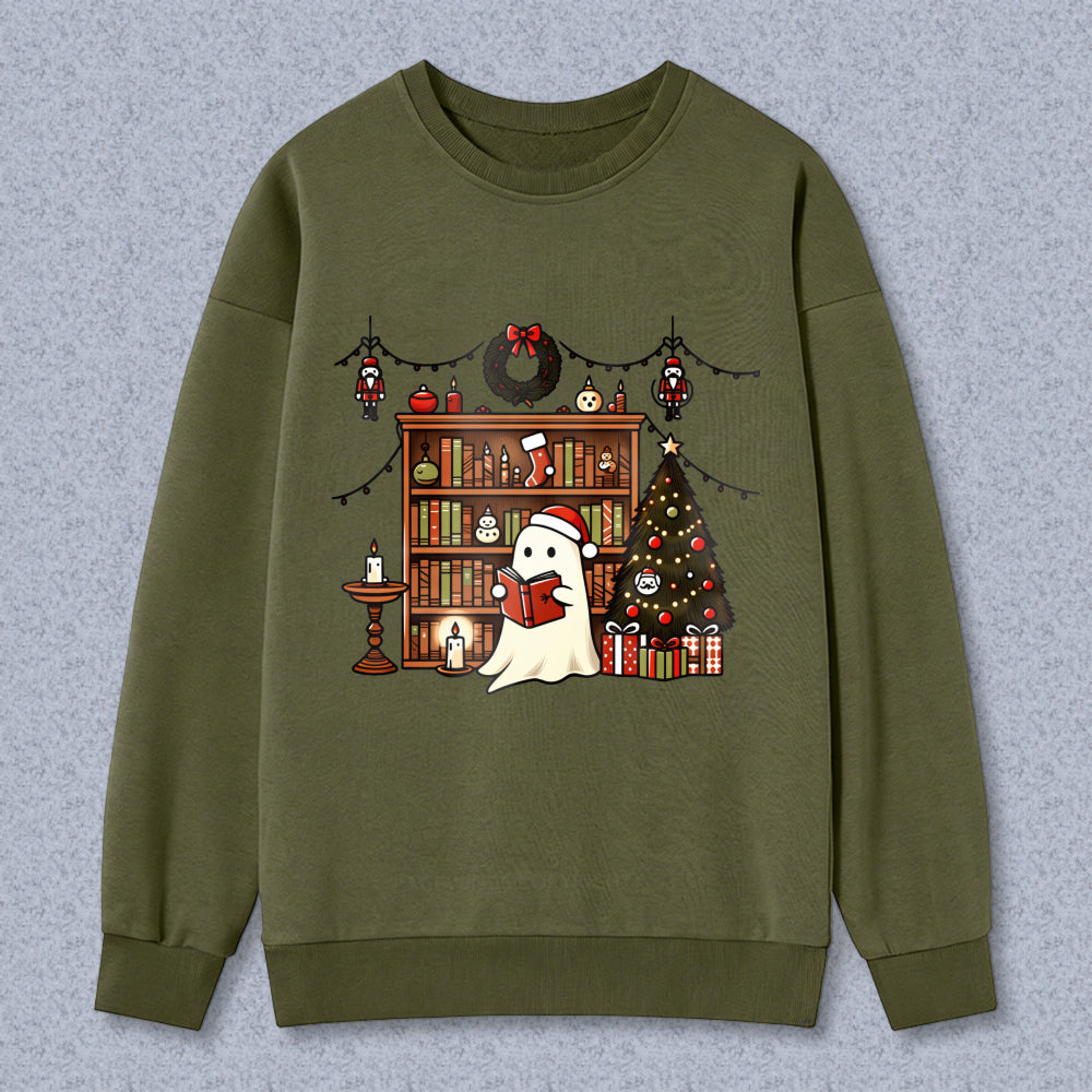Wardrobecart Ghost Reading Book Christmas Tree Bookshelf Holiday Decor Unisex Classic Sweatshirt
