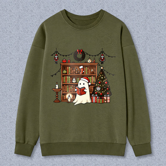 Wardrobecart Ghost Reading Book Christmas Tree Bookshelf Holiday Decor Unisex Classic Sweatshirt