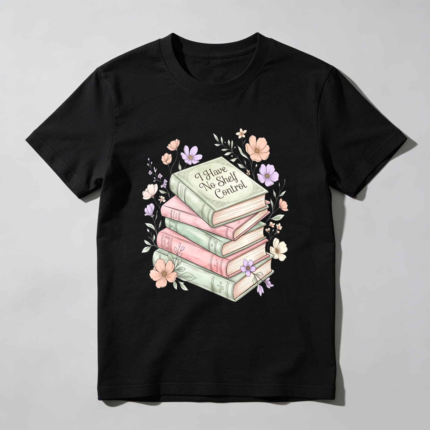 Wardrobecart Stacked Books With Floral Design And I Have No Shelf Control Text Unisex Classic T-shirt