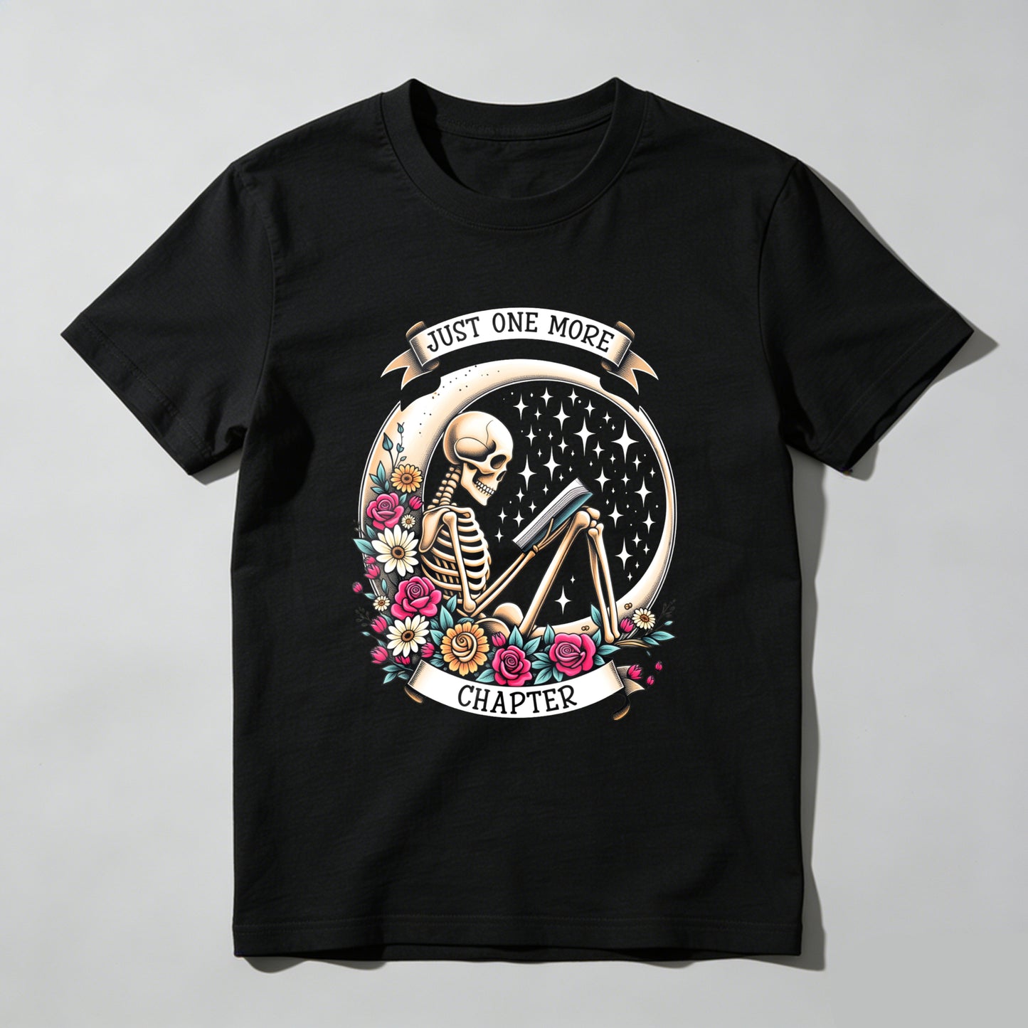 Wardrobecart Skeleton Reading Book With Flowers And Stars Unisex Classic T-shirt