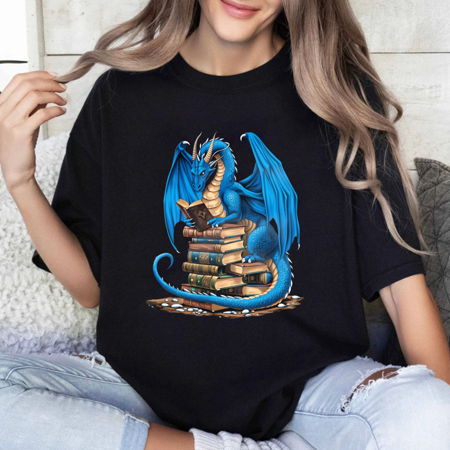 Wardrobecart Blue Dragon Reading Books Stack Unisex Classic T-shirt