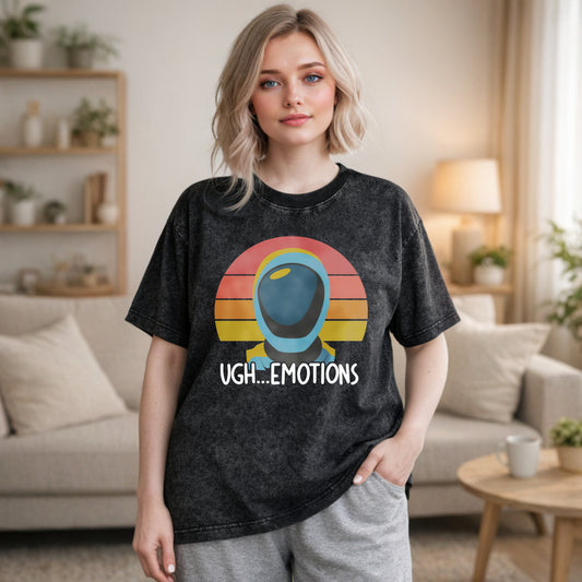 Wardrobecart Astronaut Helmet With Retro Sunset And Text Ugh Emotions Unisex Washed T-shirt