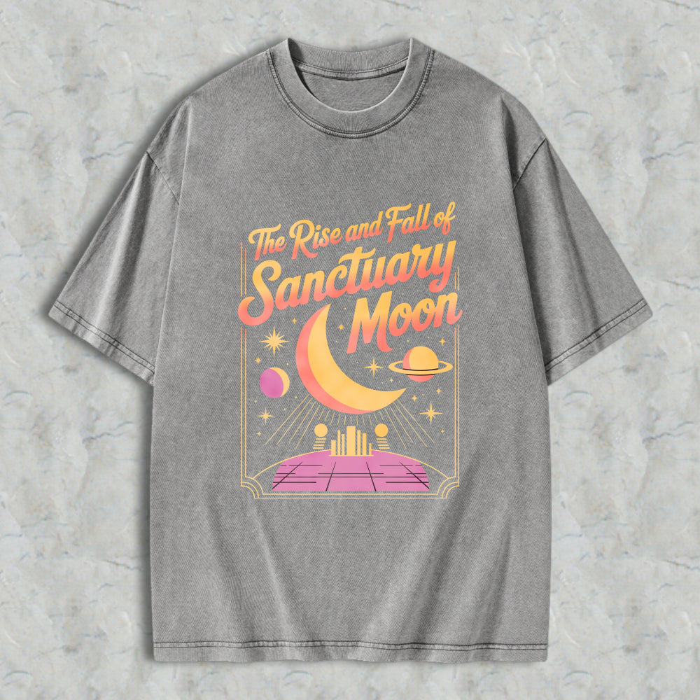 Wardrobecart The Rise And Fall Of Sanctuary Moon Cosmic Scene With Crescent Moon Planets And Futuristic Platform Unisex Washed T-shirt