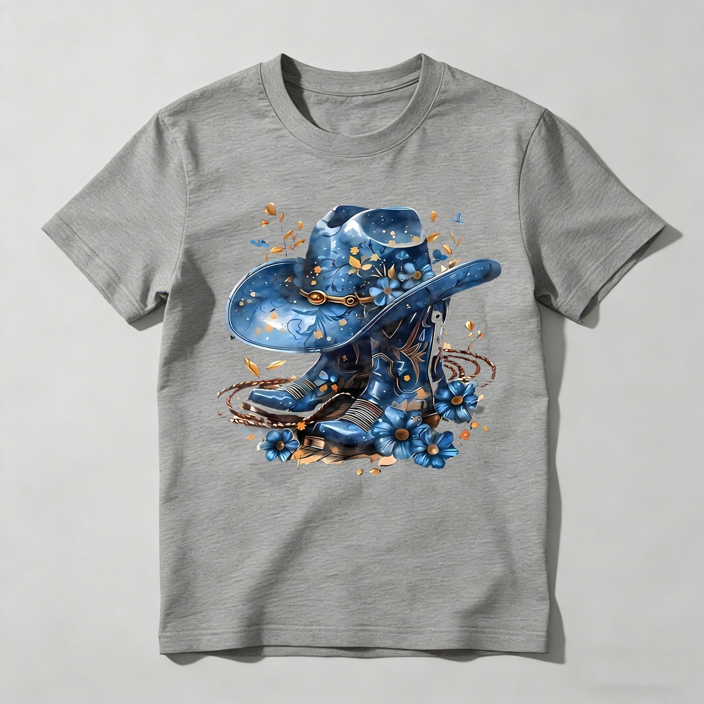 Western Hat And Boots With Blue Flowers T-shirt