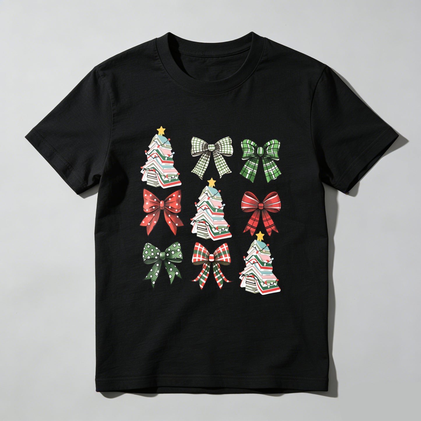 Wardrobecart Christmas Trees And Plaid Bows Pattern Unisex Classic T-shirt