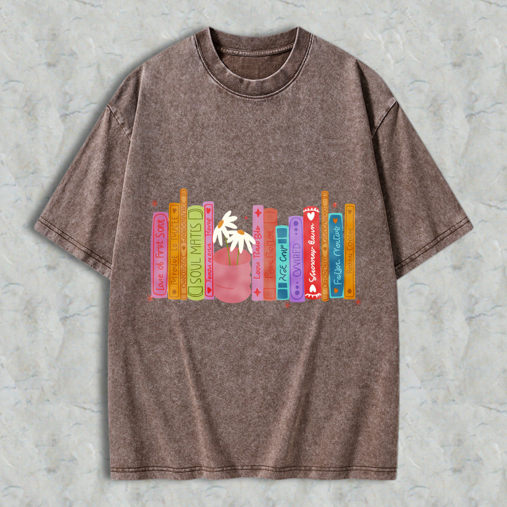 Wardrobecart Colorful Bookshelf With Potted Plant And Book Titles Unisex Washed T-shirt