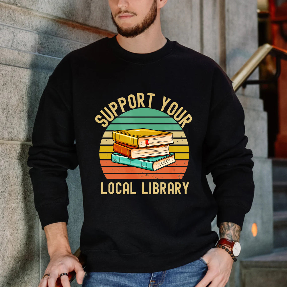 Wardrobecart Support Your Local Library Books Stack Vintage Sunburst Design Unisex Classic Sweatshirt