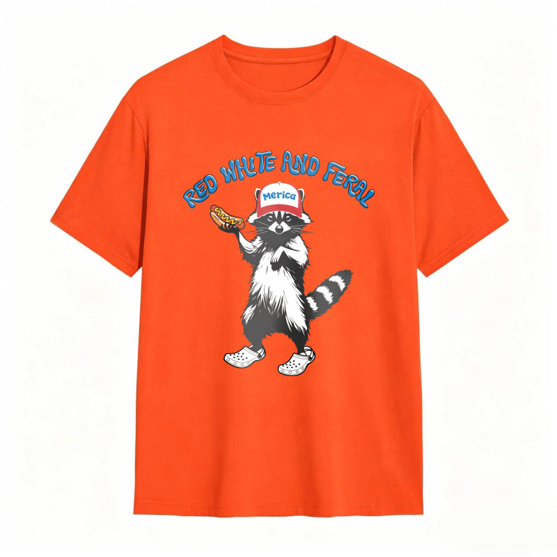 USA Red White Feral Racoon Vintage Hot Dog Party America Patriotic Racoon Tshirt