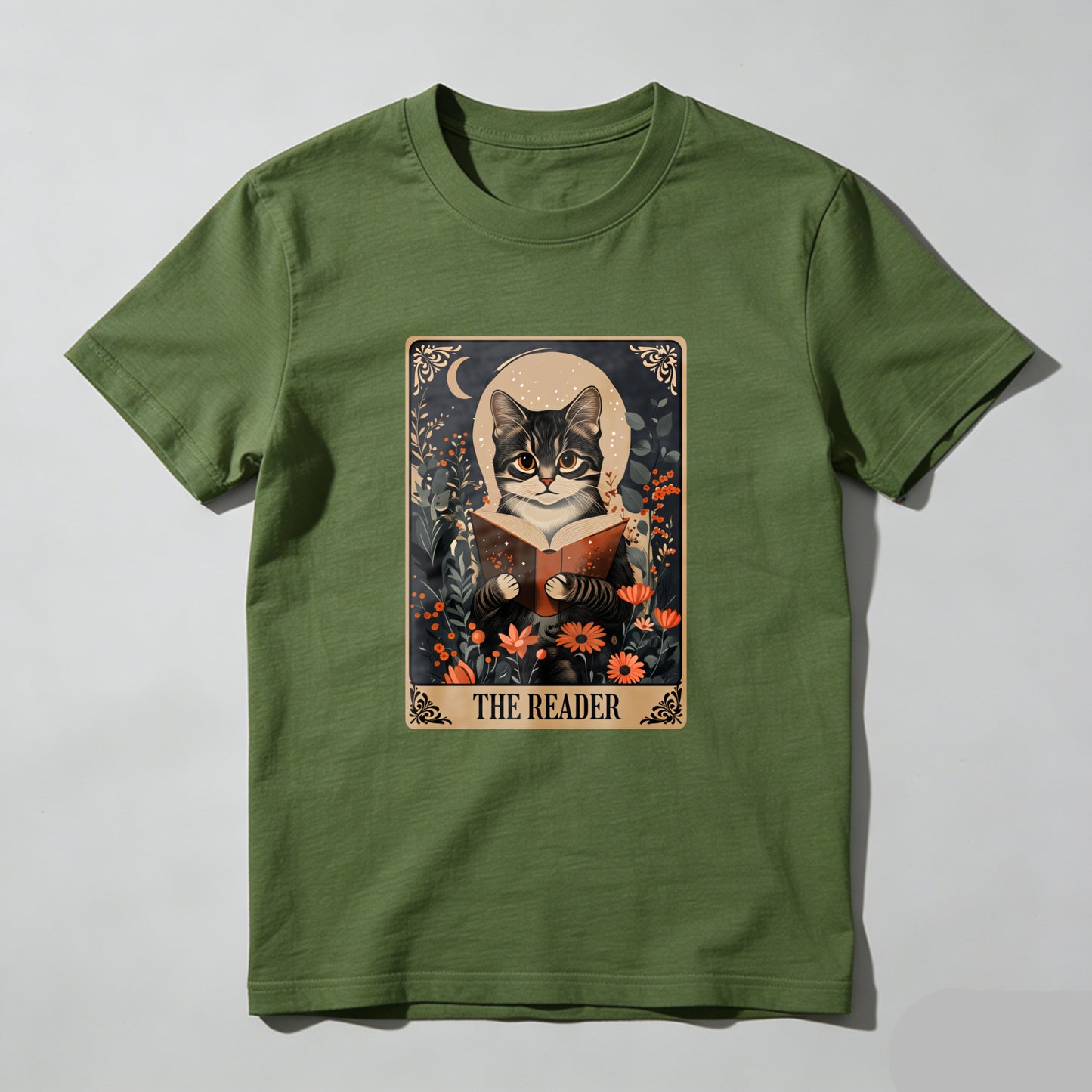 Wardrobecart Cat Reading Book Floral Moon Design Unisex Classic T-shirt