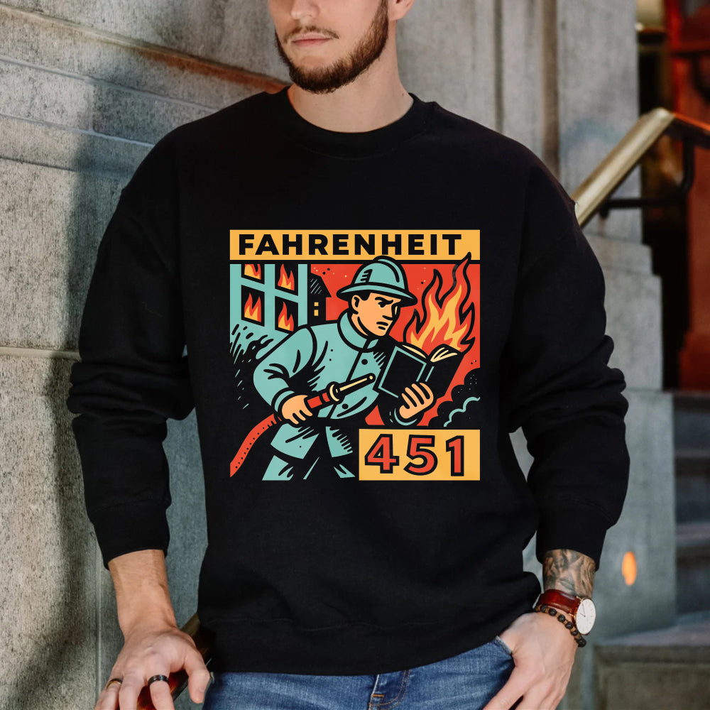Wardrobecart Fahrenheit 451 Fireman Holding Book With Flames And Broken Window Unisex Classic Sweatshirt