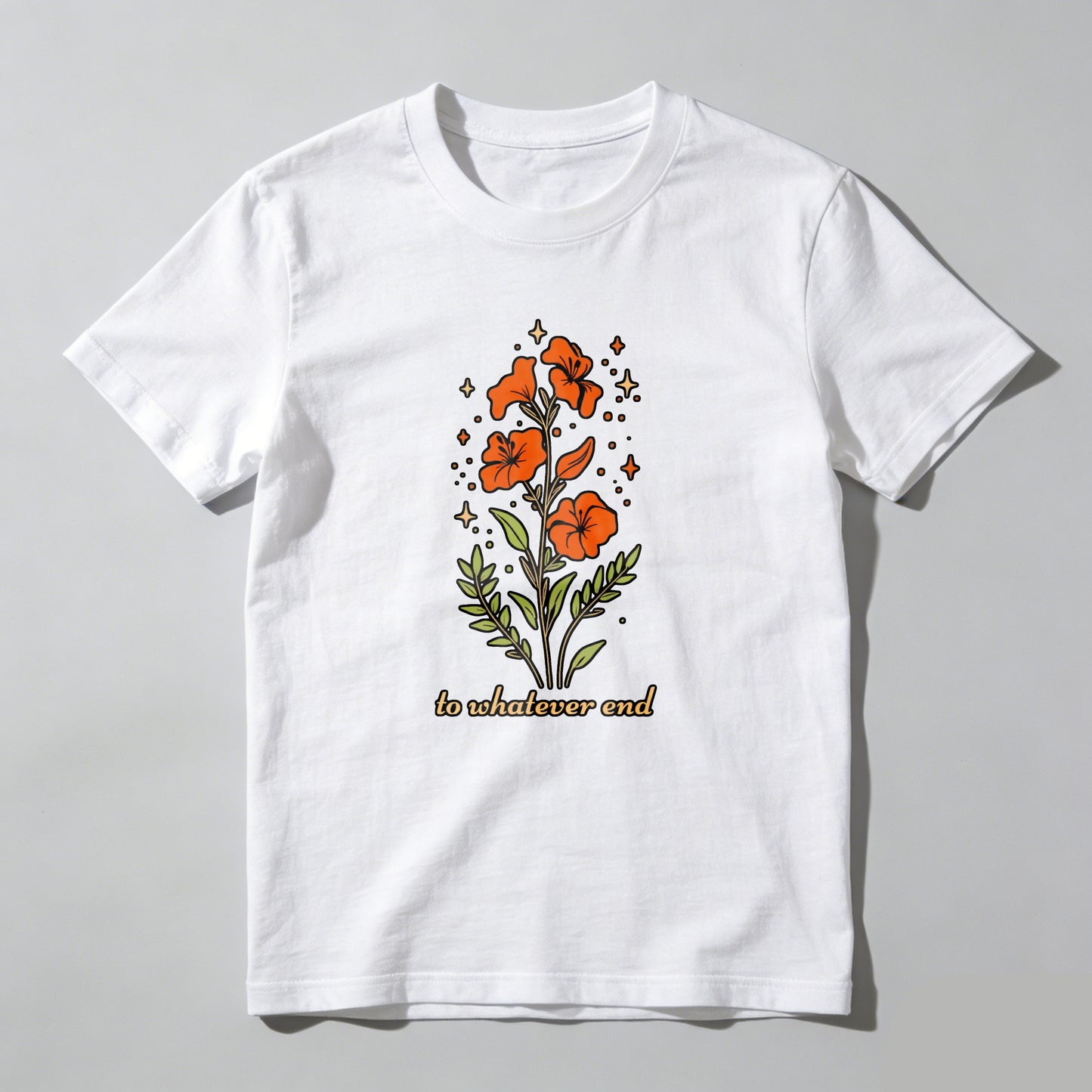 Wardrobecart Orange Flowers With Green Leaves And Stars Unisex Classic T-shirt