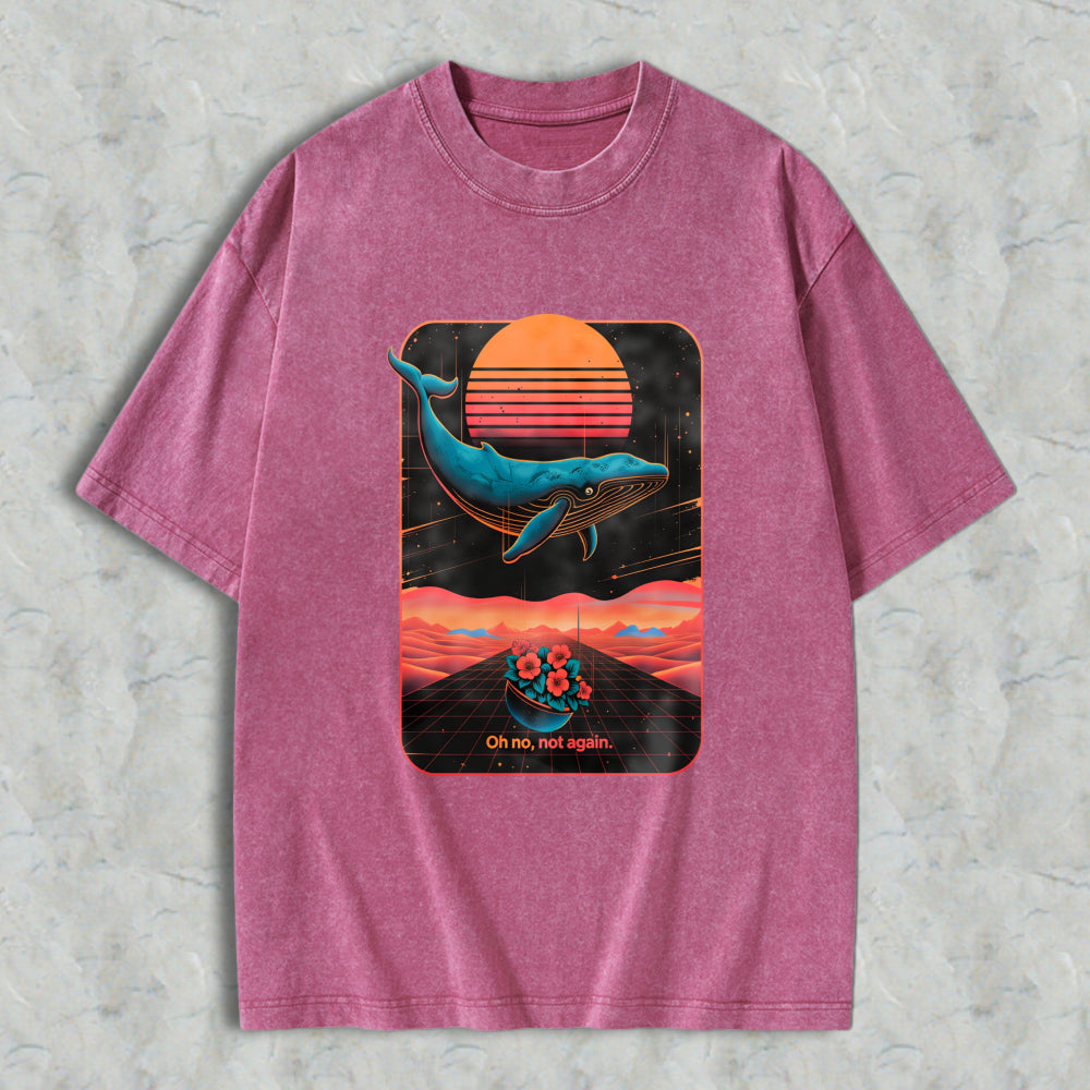 Wardrobecart Whale Sunset Landscape With Flowers And Text Oh No Not Again Unisex Washed T-shirt