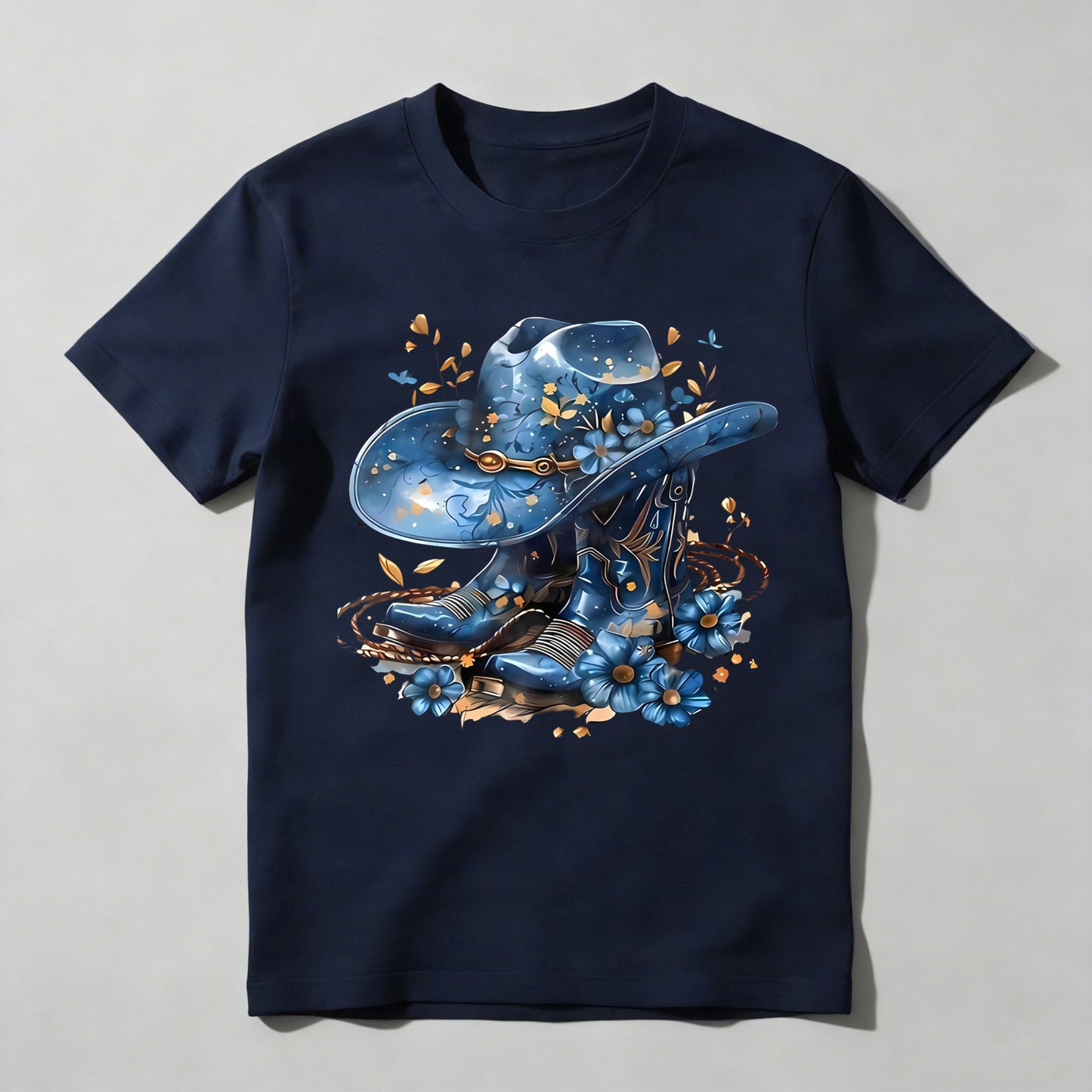 Western Hat And Boots With Blue Flowers T-shirt