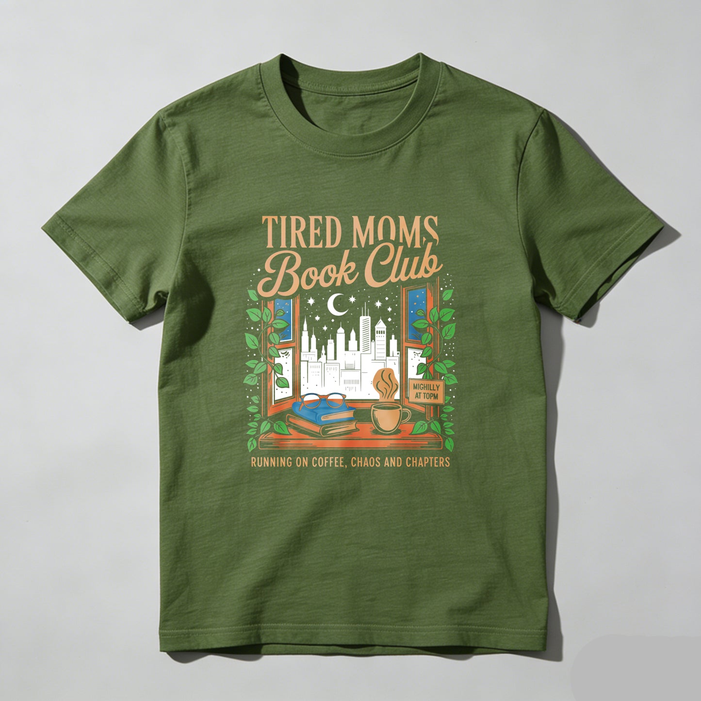 Wardrobecart Tired Moms Book Club Window Scene Coffee Cup Books Cityscape Moon Stars Leaves Unisex Classic T-shirt