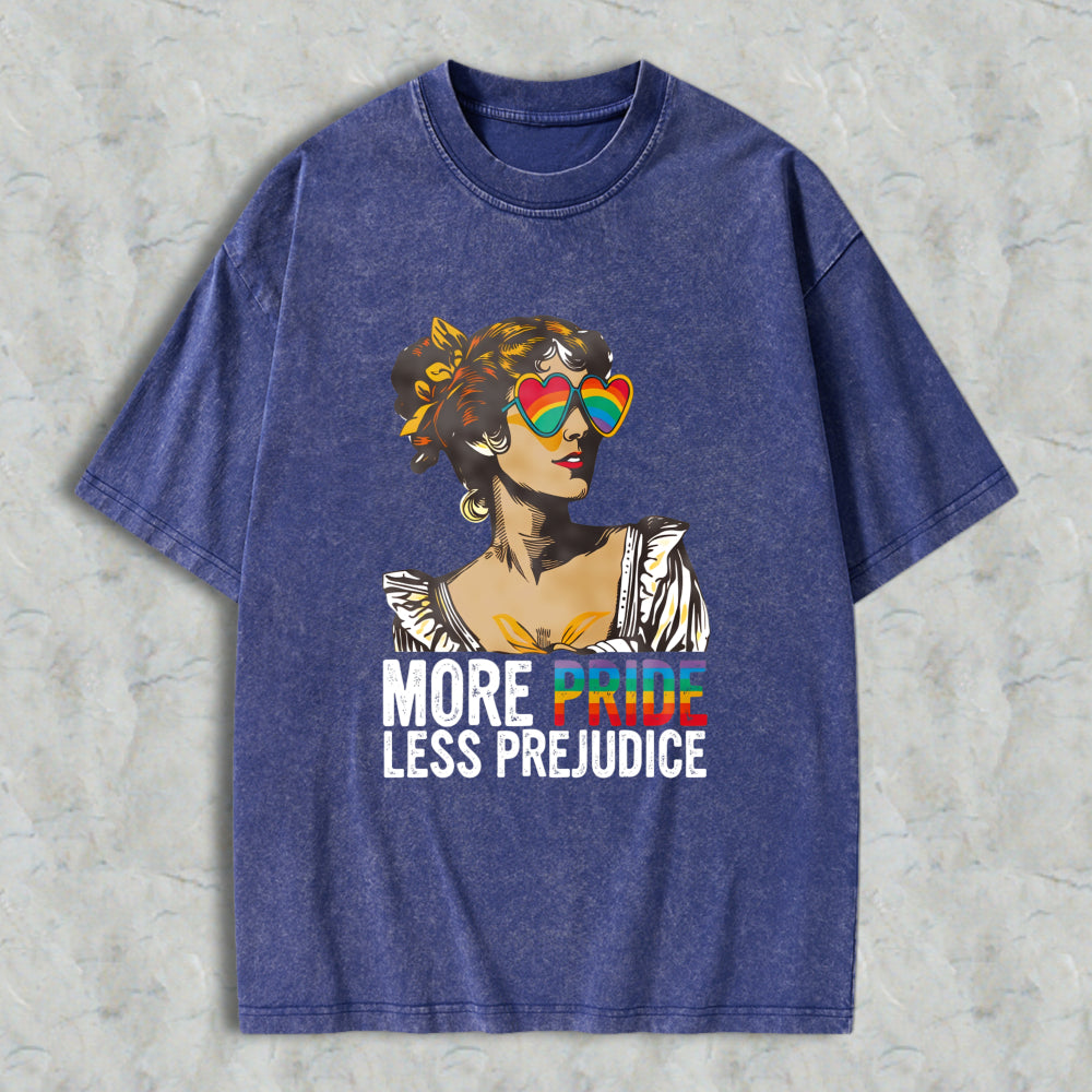 Wardrobecart Pride And Prejudice Inspired Woman With Rainbow Heart Sunglasses More Pride Less Prejudice Unisex Washed T-shirt