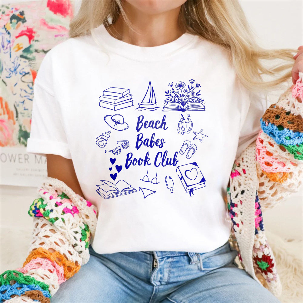 Wardrobecart Beach Babes Book Club Theme With Books And Beach Icons Unisex Classic T-shirt 100% cotton