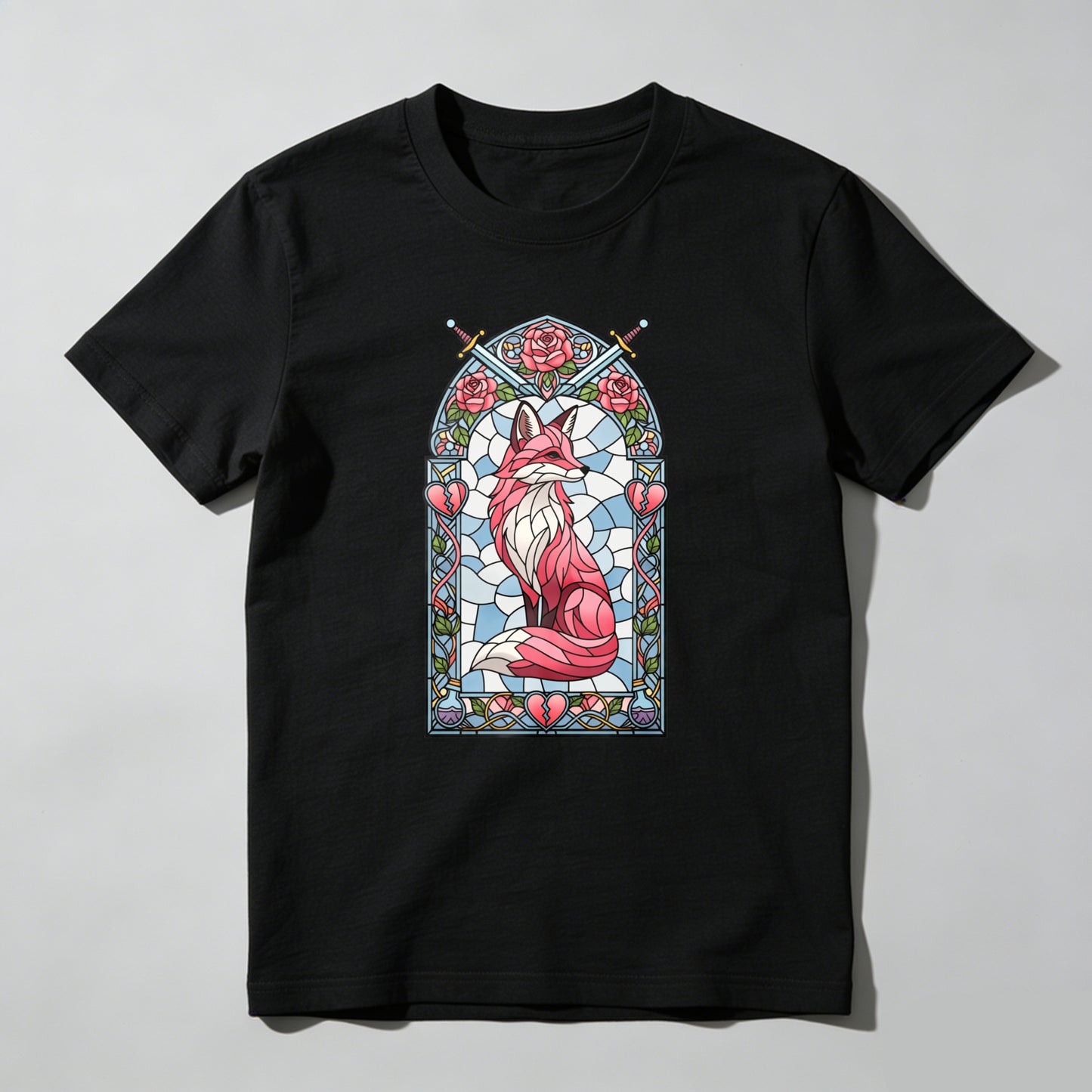 Wardrobecart Stained Glass Fox With Roses And Heart Unisex Classic T-shirt