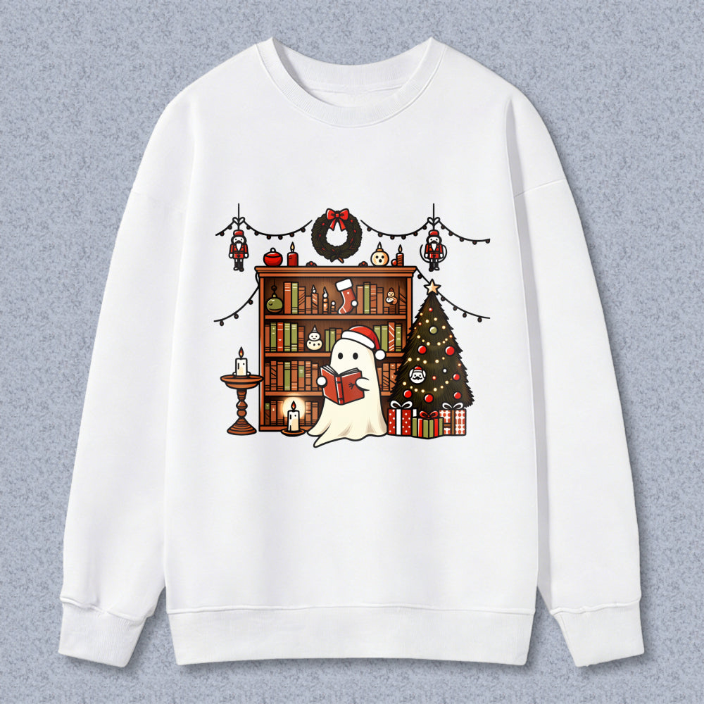 Wardrobecart Ghost Reading Book Christmas Tree Bookshelf Holiday Decor Unisex Classic Sweatshirt