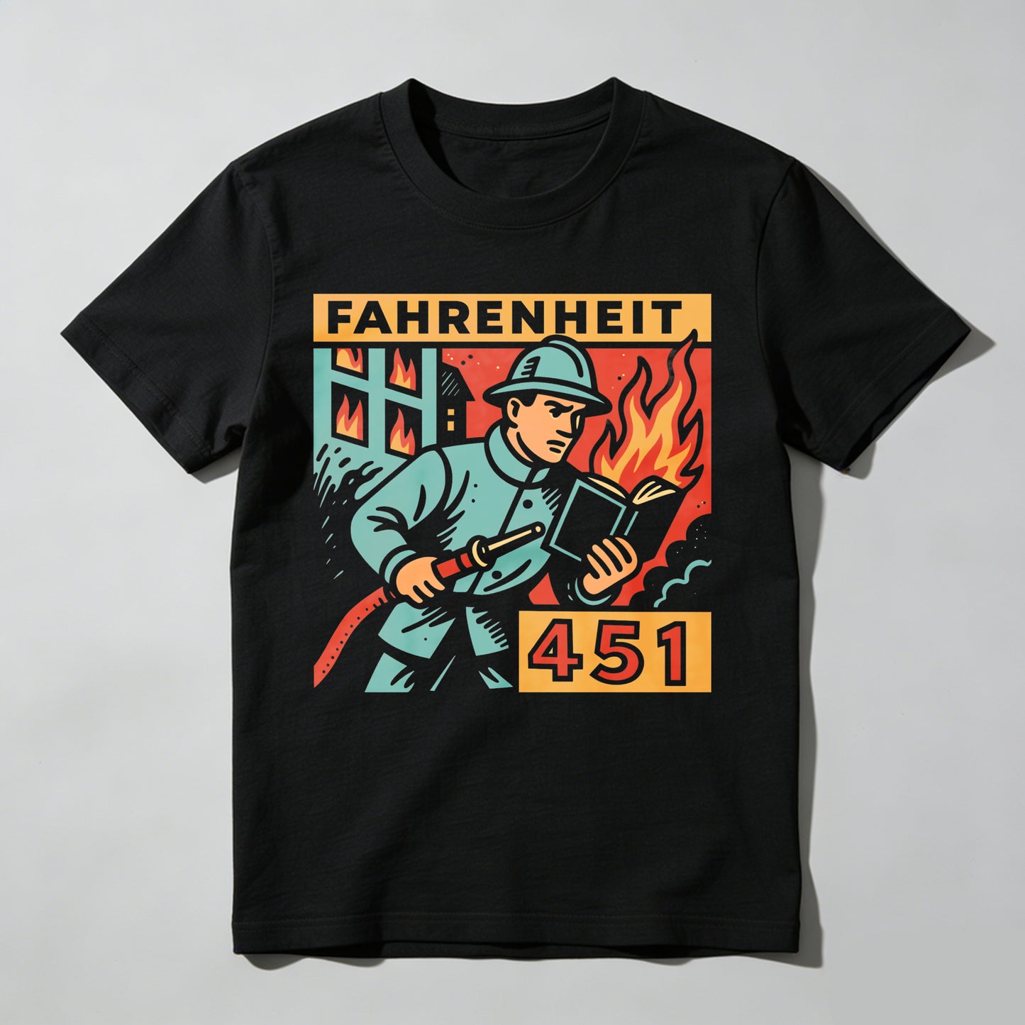 Wardrobecart Fireman Holding Book With Flames Behind Unisex Classic T-shirt