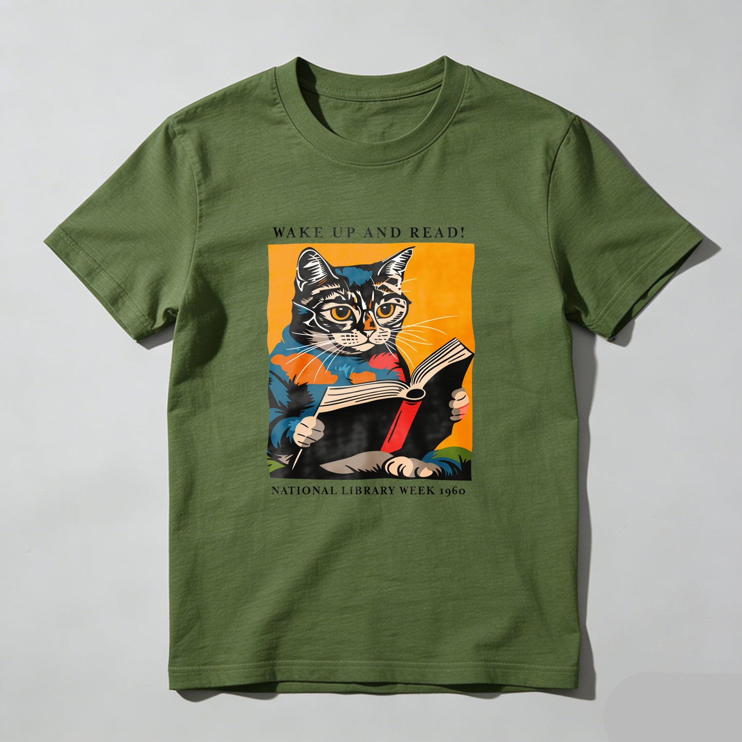 Wardrobecart Cat Reading Book With Text Wake Up And Read National Library Week 1960 Unisex Classic T-shirt 100% cotton