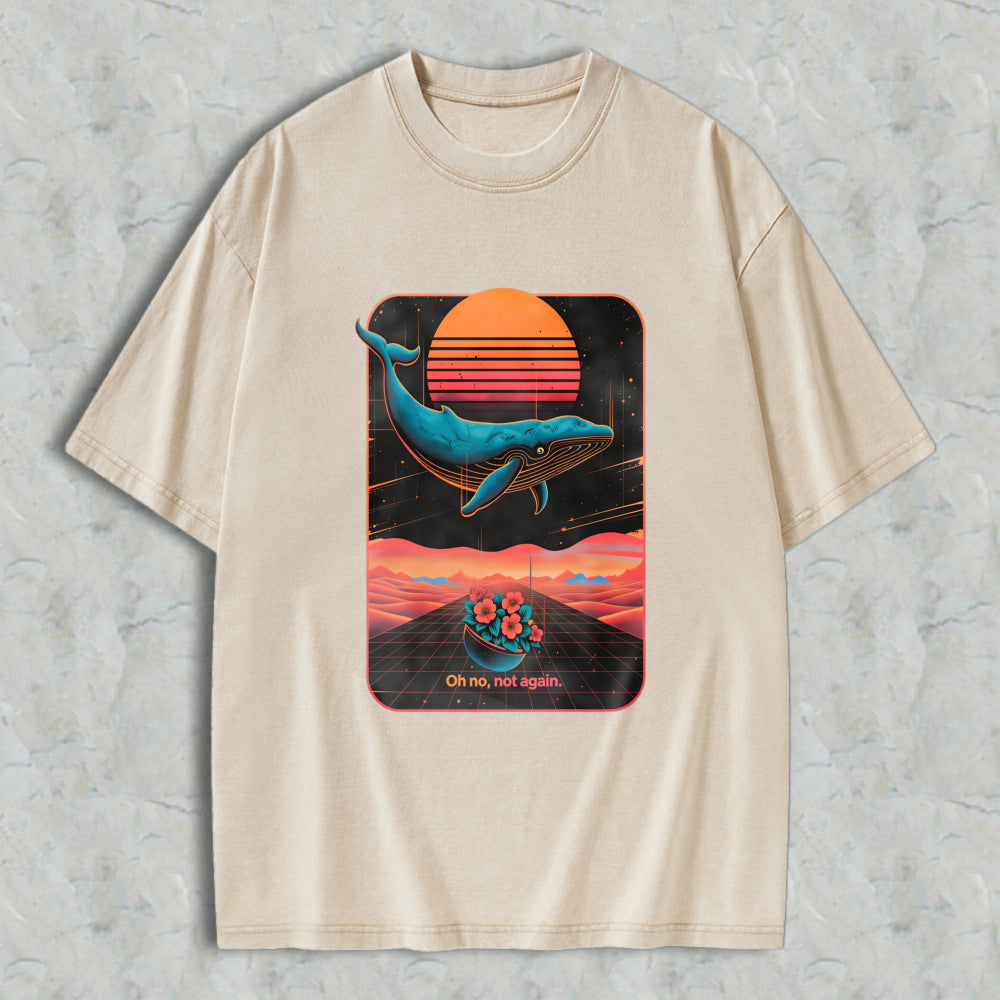 Wardrobecart Whale Sunset Landscape With Flowers And Text Oh No Not Again Unisex Washed T-shirt