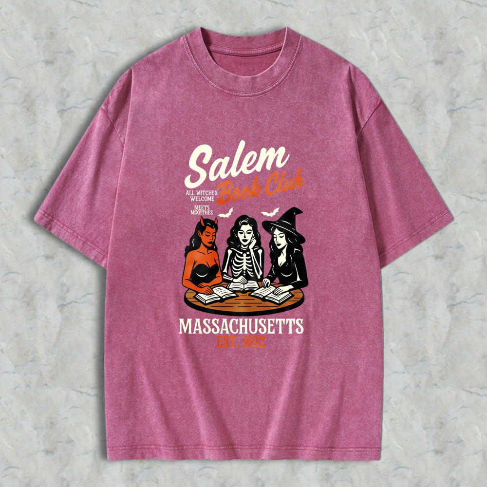 Wardrobecart Salem Book Club Massachusetts Est 1692 Witch Reading Books Vintage Horror Theme Unisex Washed T-shirt