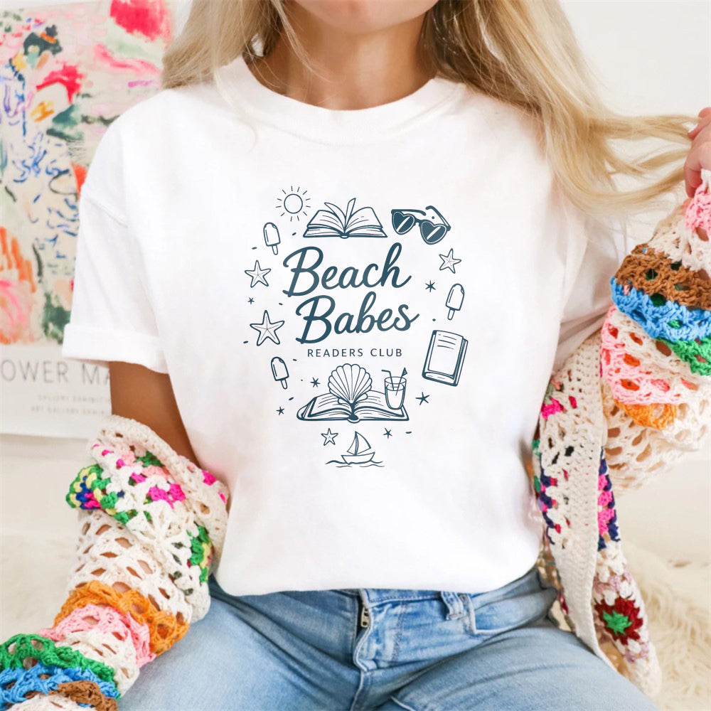 Wardrobecart Beach Babes Readers Club Book Sun Sunglasses Star Shell Boat Ice Cream Unisex Classic T-shirt 100% cotton