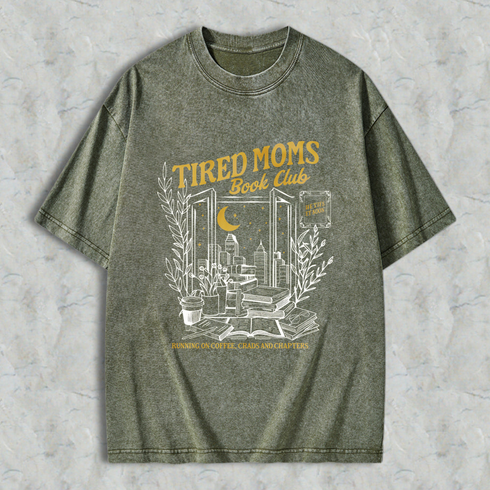 Wardrobecart Tired Moms Book Club With Open Door Cityscape Moon And Books Design Unisex Washed T-shirt