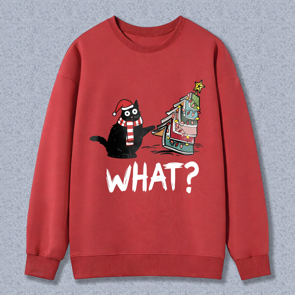 Wardrobecart Cat Wearing Santa Hat And Scarf Pulling Christmas Tree On Sled What Question Unisex Classic Sweatshirt