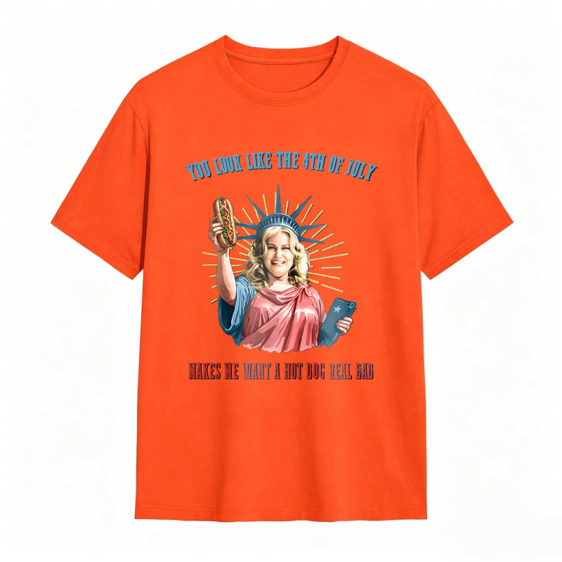 Statue Of Liberty Holding Hot Dog And Tablet With Fourth Of July Text T-shirt