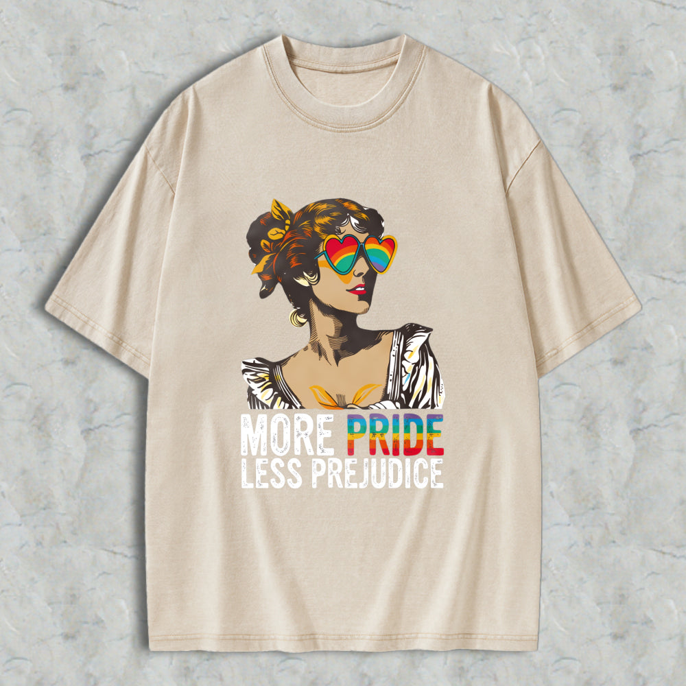 Wardrobecart Pride And Prejudice Parody With Rainbow Heart Sunglasses And Regency Style Woman More Pride Less Prejudice Unisex Washed T-shirt
