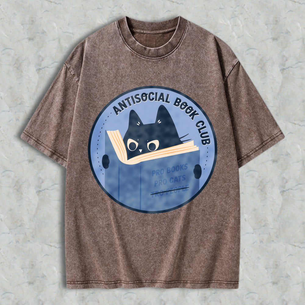 Wardrobecart Antisocial Book Club Cat Reading Book Design Unisex Washed T-shirt