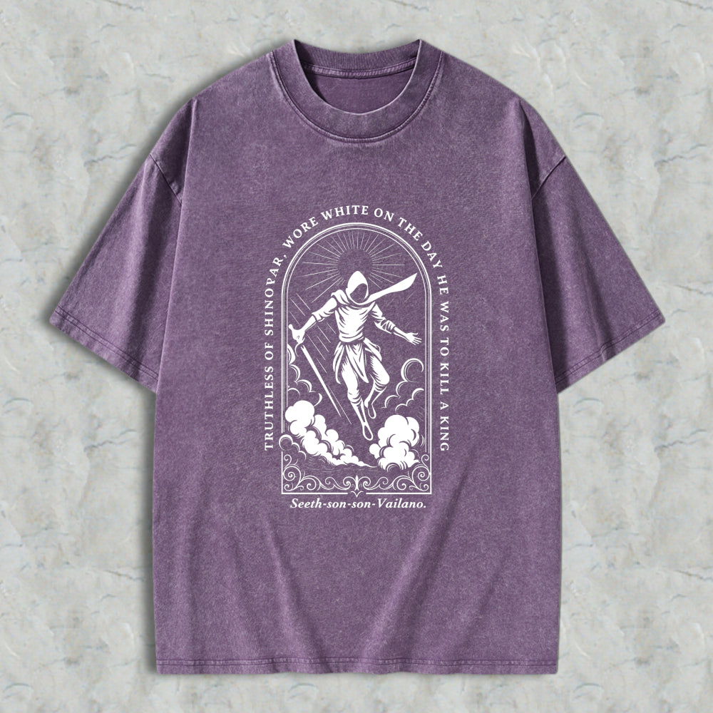 Wardrobecart Reaper With Sword And Scythe Standing On Clouds In Arch Design With Quote Truthless Of Sinovar Wore White On The Day He Was To Kill A King Seeth Son Son Vailano Unisex Washed T-shirt