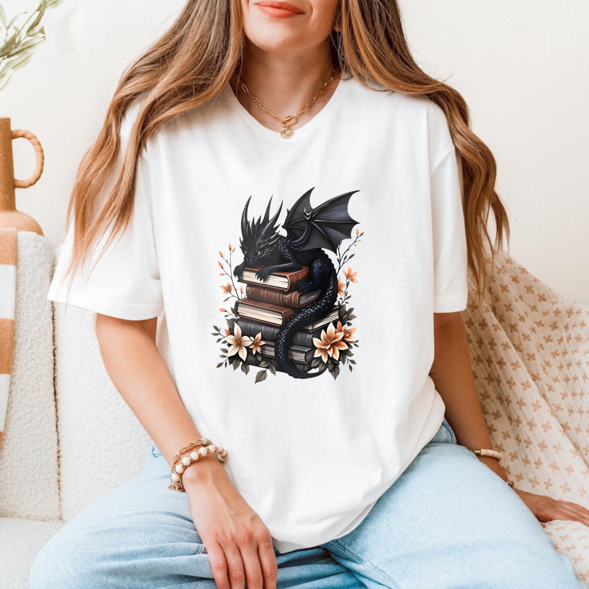 Wardrobecart Dragon Reading Books With Flowers Unisex Classic T-shirt