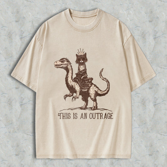 Wardrobecart Cat Riding Dinosaur With Crown And Text This Is An Outrage Unisex Washed T-shirt